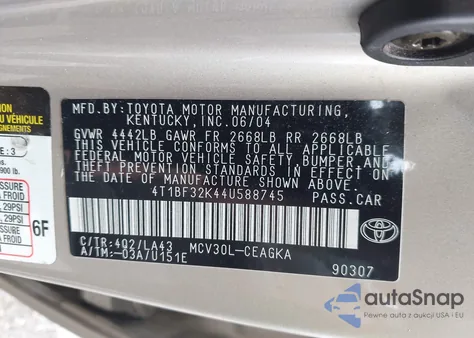 2004 Toyota Camry Xle V6 from USA, damaged, VIN 4T1BF32K44U588745